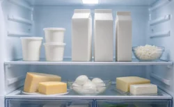 冷蔵庫の棚に並ぶ無地の牛乳パック・ヨーグルト・チーズなどの乳製品