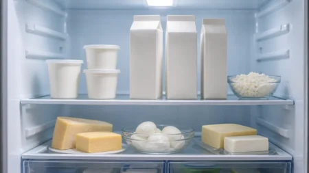冷蔵庫の棚に並ぶ無地の牛乳パック・ヨーグルト・チーズなどの乳製品