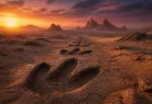 荒野に佇む巨大な生物の足跡と、遠くに見える砂漠の地形、夕暮れの光