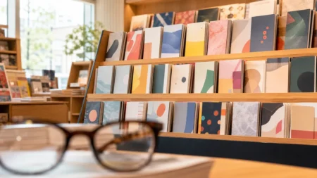 書店の雑誌コーナーに並ぶファッション誌と眼鏡