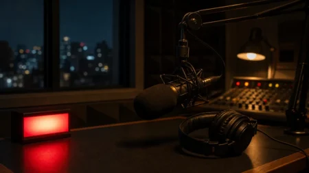 深夜のラジオブース、マイクとヘッドフォン、ONAIRランプの赤い灯りの写実的情景