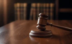 裁判所の判決をイメージした木製の裁判官用木槌の写真