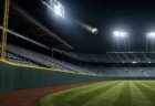 ナイター照明に照らされたプロ野球場の外野スタンドとフェンス、左中間へ飛ぶ本塁打の打球