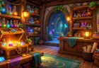 カラフルなファンタジー風ショップの店内に宝箱やアイテムが並ぶイメージ