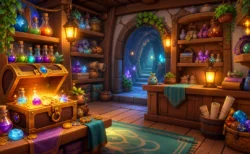カラフルなファンタジー風ショップの店内に宝箱やアイテムが並ぶイメージ