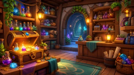 カラフルなファンタジー風ショップの店内に宝箱やアイテムが並ぶイメージ