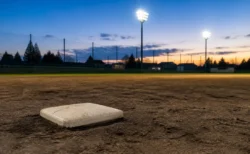夕方の野球場、内野ベース付近をローアングルで捉えた無人の情景