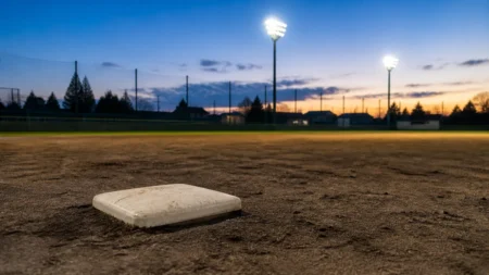 夕方の野球場、内野ベース付近をローアングルで捉えた無人の情景