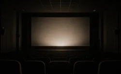 無人の映画館スクリーン前、暗闇の中でスクリーンに柔らかい光が投影され始める瞬間の情景