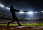 ナイター照明の下、豪快にスイングする野球選手のシルエット