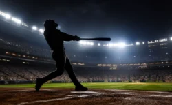 ナイター照明の下、豪快にスイングする野球選手のシルエット