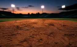 夕暮れの野球場、土のマウンドのクローズアップ