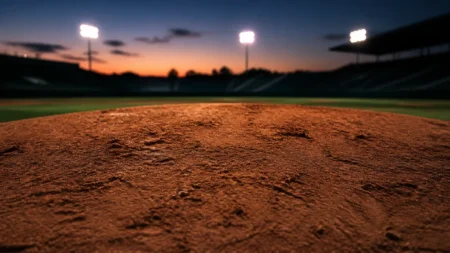 夕暮れの野球場、土のマウンドのクローズアップ