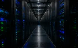 青と緑のインジケーターランプが並ぶ、暗いデータセンターのサーバーラック通路