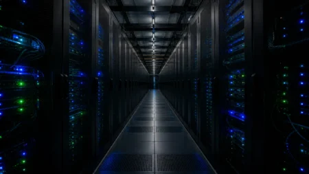 青と緑のインジケーターランプが並ぶ、暗いデータセンターのサーバーラック通路
