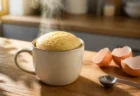 湯気の立つマグカップケーキが木製のキッチンカウンターに置かれ、そばに卵の殻と計量スプーンが添えられた温かみのある情景