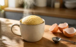 湯気の立つマグカップケーキが木製のキッチンカウンターに置かれ、そばに卵の殻と計量スプーンが添えられた温かみのある情景