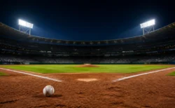 ナイター照明に照らされた野球場のスタンドと夜空のイメージ