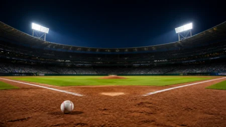 ナイター照明に照らされた野球場のスタンドと夜空のイメージ