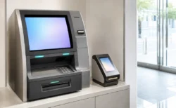 明るく現代的なコンビニ店内のATM・キャッシュレス決済コーナー