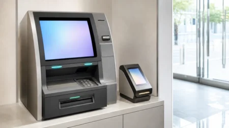 明るく現代的なコンビニ店内のATM・キャッシュレス決済コーナー