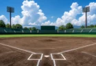 夏の高校野球場、土のグラウンドと外野の芝、青空と入道雲