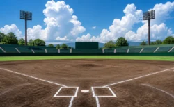 夏の高校野球場、土のグラウンドと外野の芝、青空と入道雲