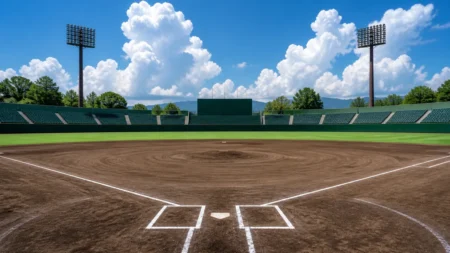 夏の高校野球場、土のグラウンドと外野の芝、青空と入道雲