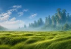 風になびく草原と幻想的な森の風景