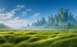 風になびく草原と幻想的な森の風景