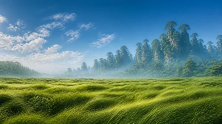 風になびく草原と幻想的な森の風景
