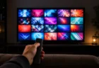 暗いリビングでソファ越しにリモコンを持ち、カラフルなタイル状の映像が並ぶテレビ画面を眺める手元
