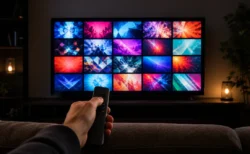 暗いリビングでソファ越しにリモコンを持ち、カラフルなタイル状の映像が並ぶテレビ画面を眺める手元