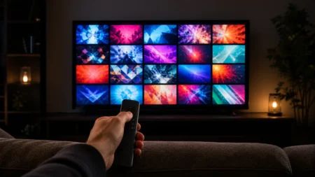 暗いリビングでソファ越しにリモコンを持ち、カラフルなタイル状の映像が並ぶテレビ画面を眺める手元