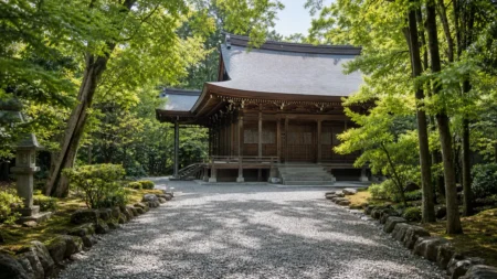 木造の社殿と参道が並ぶ神社建築の写真
