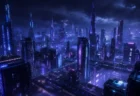 青紫のネオンが輝く近未来的な都市の夜景