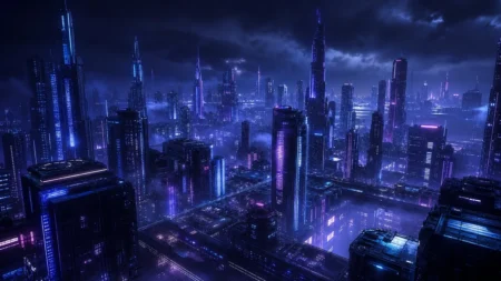 青紫のネオンが輝く近未来的な都市の夜景
