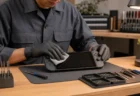 清潔な修理工房で技術者がゲーム機を丁寧に点検している様子
