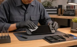 清潔な修理工房で技術者がゲーム機を丁寧に点検している様子