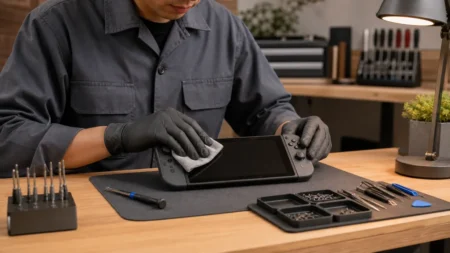 清潔な修理工房で技術者がゲーム機を丁寧に点検している様子