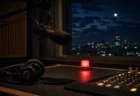 深夜のラジオスタジオに置かれたマイクとオンエアランプ