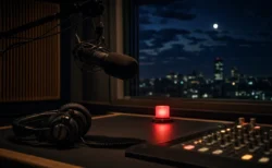 深夜のラジオスタジオに置かれたマイクとオンエアランプ