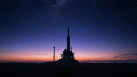 夜明け前の発射場に立つロケットのシルエットと満天の星空、青紫のグラデーション
