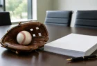 会議室のテーブルに置かれた野球のボールとグラブ、書類の束