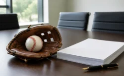 会議室のテーブルに置かれた野球のボールとグラブ、書類の束