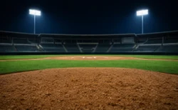投手視点に近い低いアングルから捉えたマウンドと本塁が伸びる無人の野球場の写実的情景