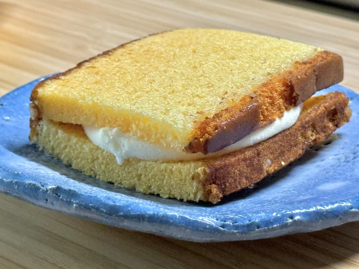 お皿の上の長崎カステラアイスを斜めから撮影