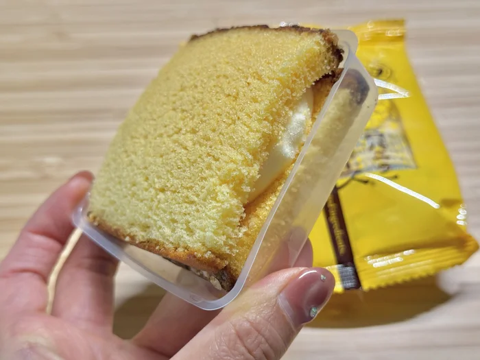 トレーに入った長崎カステラアイスを手に持ったところ