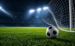 緑のピッチとゴールネットを思わせる躍動的なサッカーの情景