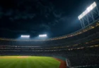 満員のナイター球場を外野スタンド側から見上げる情景、照明塔と夜空